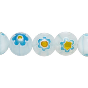 Bead, millefiori glass 1pkg1, translucent light blue / orange / blue, 11-13mm round, 15 inches.