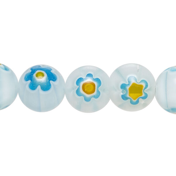 Bead, millefiori glass 1pkg1, translucent light blue / orange / blue, 11-13mm round, 15 inches. image number 0