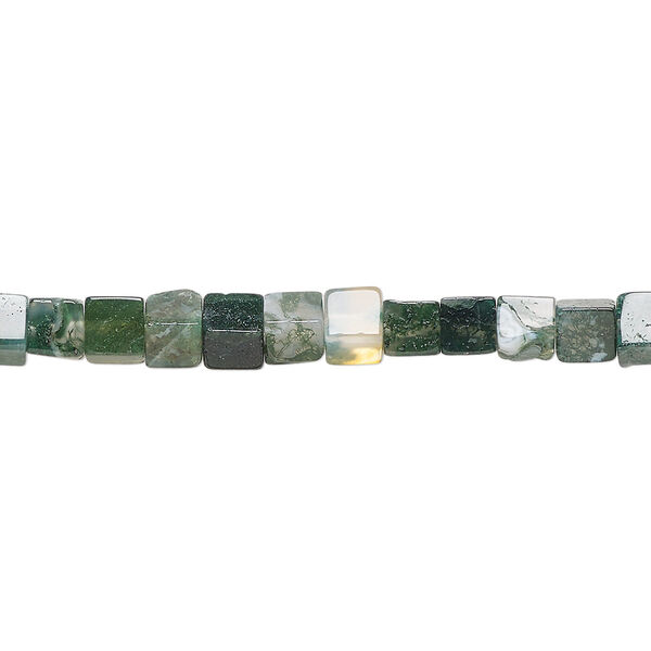 Bead, moss agate (natural), 4x4mm cube, B grade, Mohs hardness 6-1/2 to 7. Sold per 15-1/2" to 16" strand. image number 0