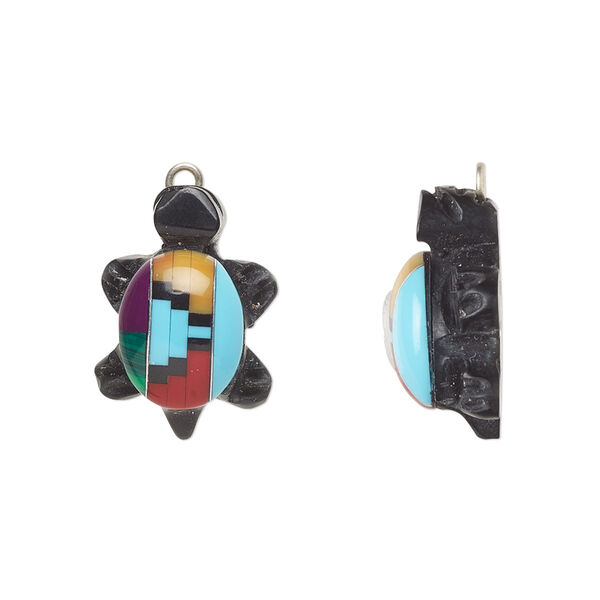 Charm, resin / aluminum / silver-finished copper, multicolored, 19x13mm 3D turtle with Santa Fe design. Sold individually. image number 0