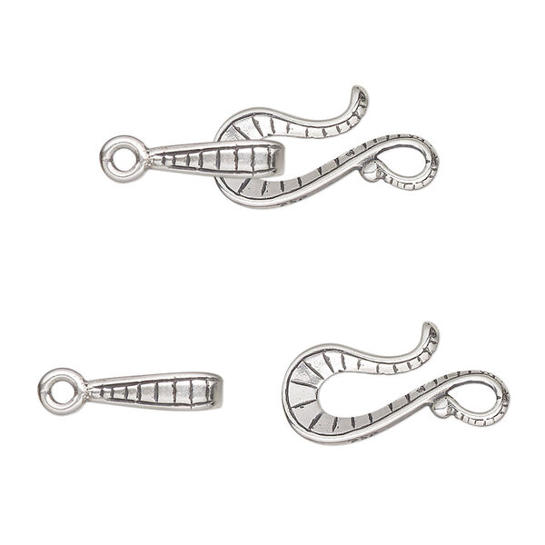 Clasp, JBB Findings, hook-and-eye, antiqued sterling silver, 28x10mm textured. Sold individually. image number 0