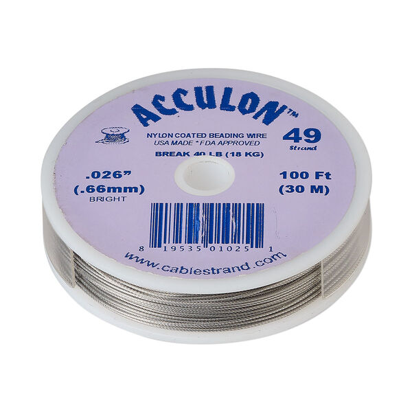 Beading wire, Acculon®, nylon-coated stainless steel, clear, 49 strand, 0.026-inch diameter. Sold per 100-foot spool. image number 0