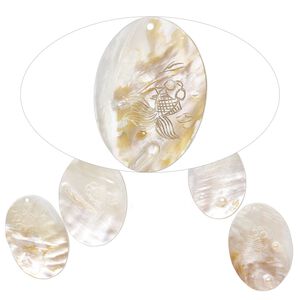 Focal, mother-of-pearl shell (natural/bleached), 56x41mm-69x50mm hand-carved oval with koi design, Mohs hardness 3-1/2. Sold per pkg of 5.
