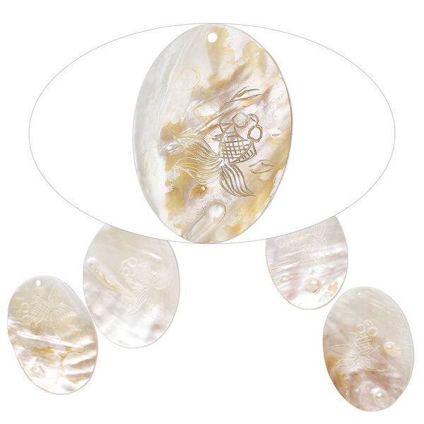 Focal, mother-of-pearl shell (natural/bleached), 56x41mm-69x50mm hand-carved oval with koi design, Mohs hardness 3-1/2. Sold per pkg of 5. image number 0