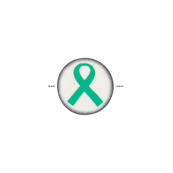 Bead, polymer clay, white / black / green, 14mm double-sided flat round with awareness ribbon. Sold per pkg of 30. image number 1