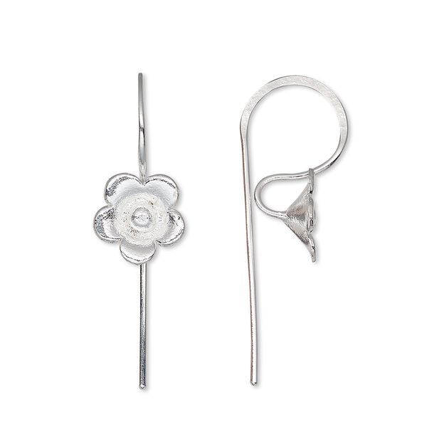 Ear wire, silver-plated brass, 21mm fishhook with cherry blossom and open loop, 20 gauge. Sold per pair. image number 0