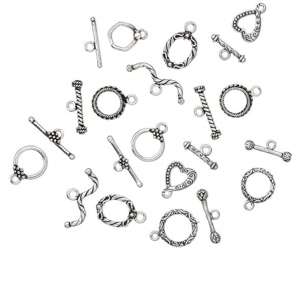 Clasp mix, toggle, antique silver-plated copper, 17x14mm-15mm mixed shapes with beaded and rope design. Sold per 1-ounce pkg, approximately 10 clasps. image number 0