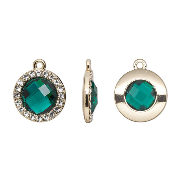 Drop, glass / glass rhinestone / gold-finished "pewter" (zinc-based alloy), clear and transparent emerald green, 17mm single-sided round. Sold per pkg of 2. image number 0