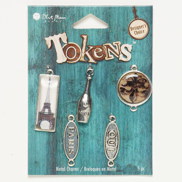 Drop and link mix, antique silver-finished "pewter" (zinc-based alloy) and resin, multicolored, (2) 22x9mm oval with "PARIS" / "OUI," (1) 22mm round with fleur-de-lis, (1) 32x12mm rectangle with Eiffel Tower and (1) 27x9mm wine bottle with "PARIS." Sold per pkg of 5. image number 0