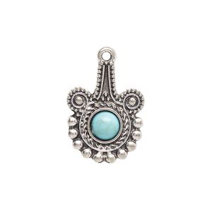 Drop, antique silver-finished "pewter" (zinc-based alloy) and "turquoise" (resin) (imitation), turquoise blue, 22x16.5mm single-sided fancy round. Sold per pkg of 4.