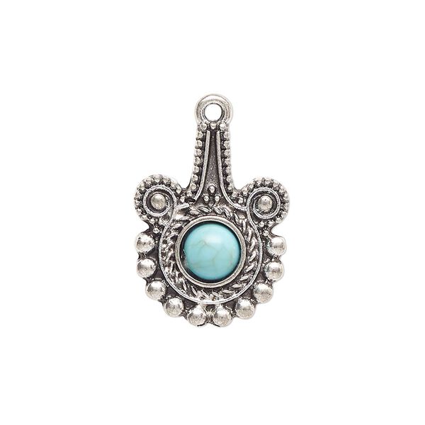 Drop, antique silver-finished "pewter" (zinc-based alloy) and "turquoise" (resin) (imitation), turquoise blue, 22x16.5mm single-sided fancy round. Sold per pkg of 4. image number 0
