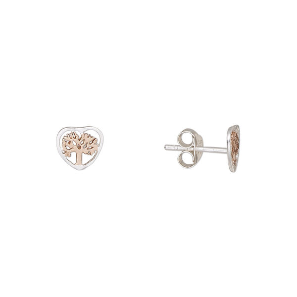 Earstud, Create Compliments®, rose gold-plated sterling silver, 7.5x7mm heart with tree of life design. Sold per pair. image number 0