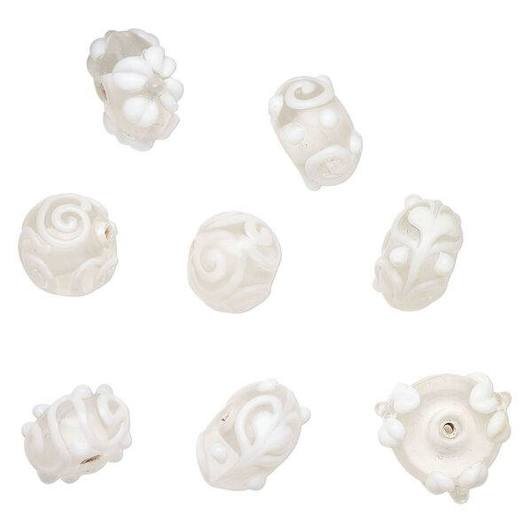 Bead assortment, lampworked glass 1pkg8, clear / opaque white, 16mm/20mm round. image number 0