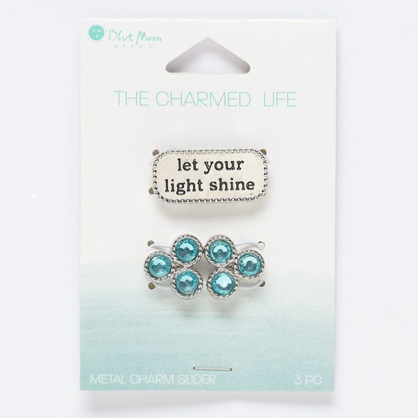 Slide mix, glass / silver- / antique silver-finished "pewter" (zinc-based alloy), light blue, 27x13mm rounded rectangle with "let your light shine" and rope design, and (2) 15x14mm rounded triangle with 10x2mm hole. Sold per pkg of 3. image number 0