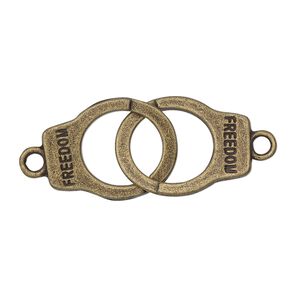 Link, antique brass-finished "pewter" (zinc-based alloy), 35x15mm double-sided handcuff with "Freedom." Sold per pkg of 2.