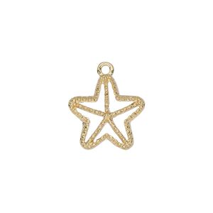 Charm, gold-finished "pewter" (zinc-based alloy), 16mm single-sided open starfish. Sold individually.