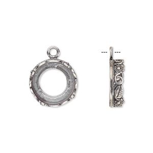 Drop, JBB Findings, antique silver-plated brass, 14mm round with open back and flower and leaf design trim, 12mm round bezel setting. Sold per pkg of 2.