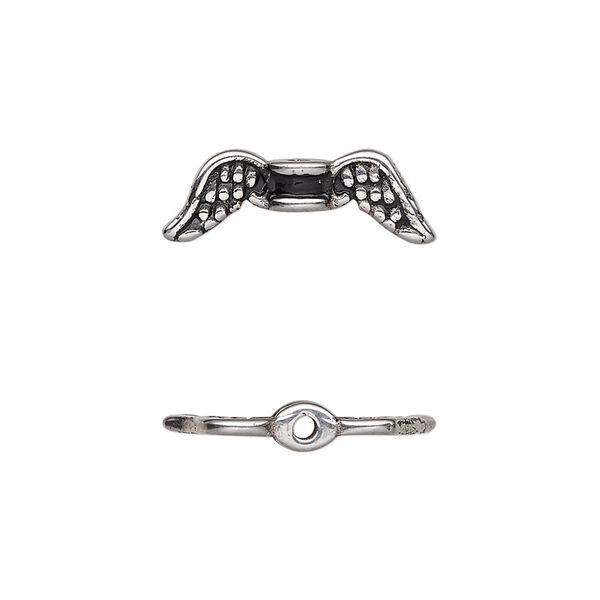 Bead, enamel and stainless steel, black, 20x7mm double-sided angel wing. Sold individually. image number 0