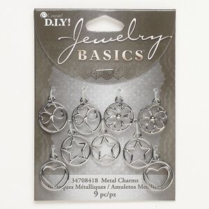 Charm assortment, brass, pkg/9, silver finish, 15mm round.