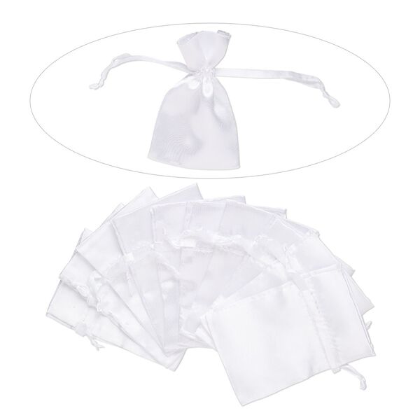 Pouch, satin, white, 4-3/4 x 3-1/2 inches with drawstring closure. Sold per pkg of 10. image number 0