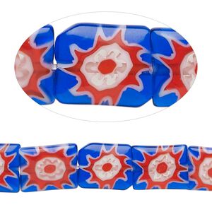 Bead, millefiori glass, translucent cobalt blue / white / red 12x10mm puffed rectangle with flower design. Sold per 14-inch strand.