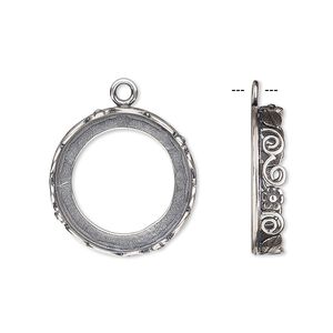 Drop, JBB Findings, antique silver-plated brass, 20mm round with open back and flower and leaf design trim, 18mm round bezel setting. Sold per pkg of 2.