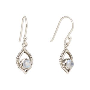 Earring, Create Compliments®, antiqued sterling silver and rainbow moonstone (natural), fishhook, 28mm with 13.5x9mm single-sided marquise, 21 gauge. Sold per pair.