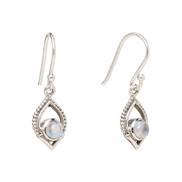 Earring, Create Compliments®, antiqued sterling silver and rainbow moonstone (natural), fishhook, 28mm with 13.5x9mm single-sided marquise, 21 gauge. Sold per pair. image number 0