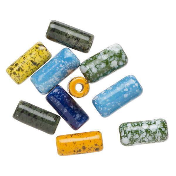 Bead mix, glazed ceramic, mixed colors, 17x7mm round tube with hand-painted splatter design. Sold per pkg of 10. image number 0