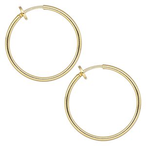 Earring hoop 1pkg2 gold-plated, 25x1.5mm round / pierced-look spring closure, brass 1 pair