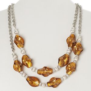 Necklace, lampworked glass / silver-finished brass / steel, honey and clear with silver-colored foil, brushed twisted oval, 38-inch continuous loop. Sold individually.