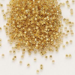 Seed bead, Delica®, glass, pkg/4g, #11 cut, transparent 24Kt gold-lined crystal gold (DBC-0033).