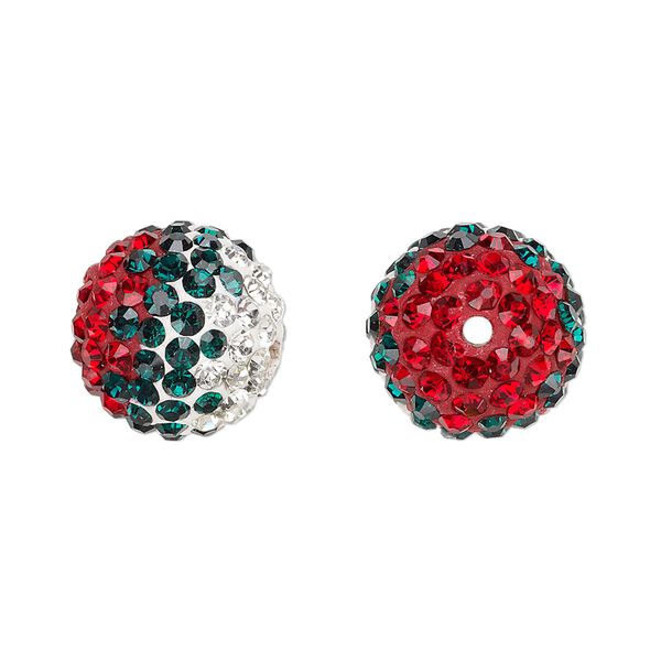 Bead, Egyptian glass rhinestone / epoxy / resin, green / white / red, 14mm round with pavé wave design. Sold individually. image number 0