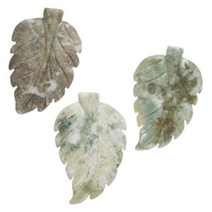 Green serpentine 1pkg3, carved leaf focal 58x38mm-61x38mm