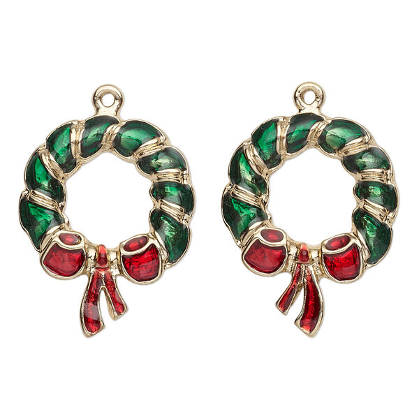 Charm, enamel and gold-finished "pewter" (zinc-based alloy), green and red, 24x18mm left- and right-facing single-sided Christmas wreath. Sold per pkg of 2. image number 0