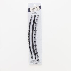 Bracelet component, glass pearl / gunmetal- / black-finished steel / "pewter" (zinc-based alloy), black, 5mm box / 6mm lantern / 8mm wide, 6 inches with lobster claw clasp. Sold per pkg of 3.