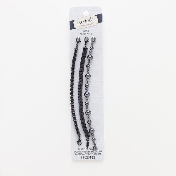 Bracelet component, glass pearl / gunmetal- / black-finished steel / "pewter" (zinc-based alloy), black, 5mm box / 6mm lantern / 8mm wide, 6 inches with lobster claw clasp. Sold per pkg of 3. image number 0