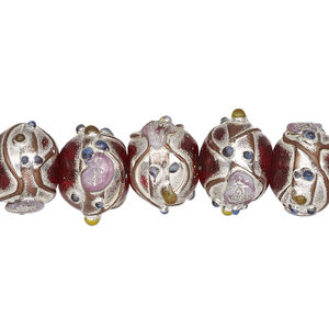Bead, lampworked glass, transparent red and multicolored with silver- and gold-colored foil, 13x11mm rondelle. Sold per pkg of 30.