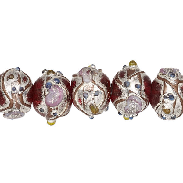 Bead, lampworked glass, transparent red and multicolored with silver- and gold-colored foil, 13x11mm rondelle. Sold per pkg of 30. image number 0