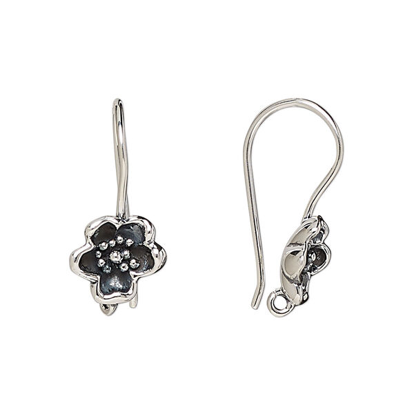 Ear wire, antiqued sterling silver, 21mm flower with open loop, 20 gauge. Sold per pair. image number 0