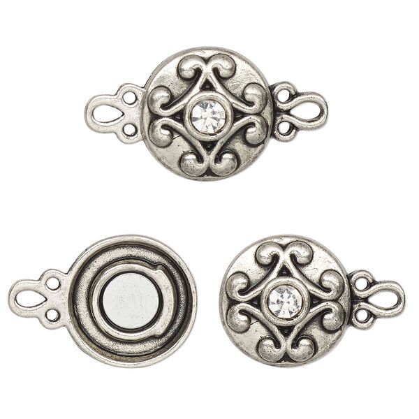 Clasp, magnetic, silver-finished "pewter" (zinc-based alloy) and glass, clear, 12mm double-sided round. Sold per pkg of 2. image number 0