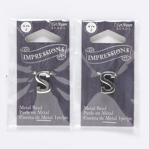 Bead, silver-finished "pewter" (zinc-based alloy), 13x9mm top-drilled alphabet letter "S" with 2mm hole. Sold per pkg of 2.