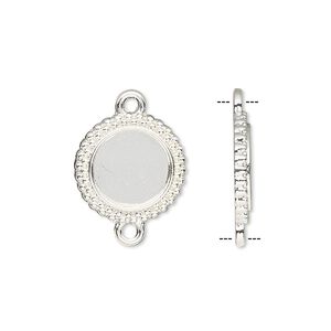 Link, silver-finished brass, 15mm single-sided beaded round with 10mm round setting. Sold per pkg of 10.