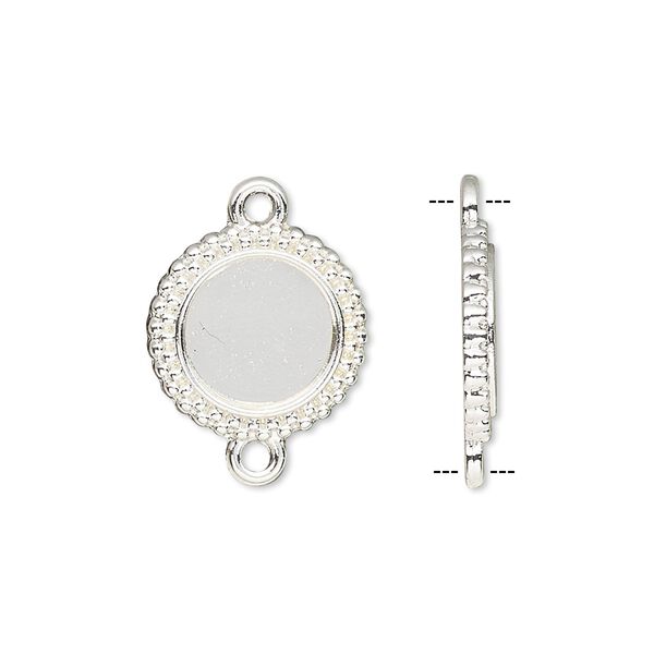 Link, silver-finished brass, 15mm single-sided beaded round with 10mm round setting. Sold per pkg of 10. image number 0
