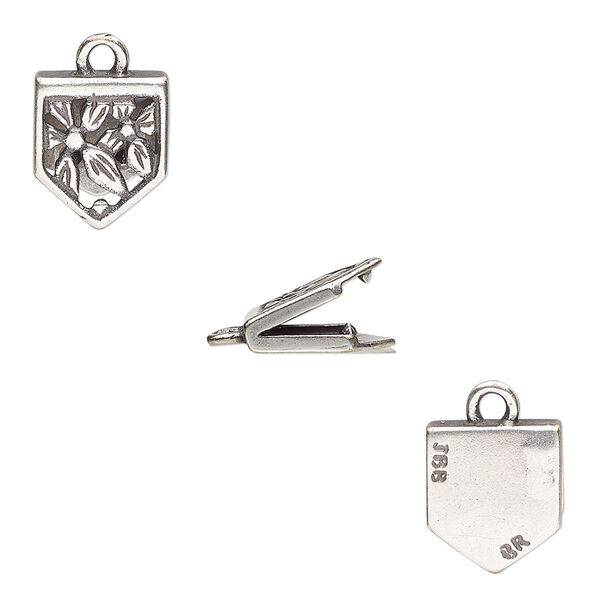 Cord end, JBB Findings, fold-over, antique silver-plated brass, 11x10mm single-sided pentagon with cutout flowers and loop, 8x2mm inside diameter. Sold per pkg of 2. image number 0