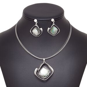 Necklace and earring set, multi-strand, black lip shell (natural) / stainless steel / antique silver-plated brass / steel / "pewter" (zinc-based alloy), 40x38mm diamond, 15" to 16" strand necklace with 2-inch extender chain and lobster claw clasp, 38mm earrings with post. Sold per set.