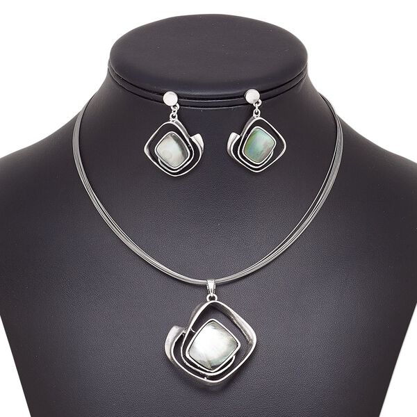 Necklace and earring set, multi-strand, black lip shell (natural) / stainless steel / antique silver-plated brass / steel / "pewter" (zinc-based alloy), 40x38mm diamond, 15" to 16" strand necklace with 2-inch extender chain and lobster claw clasp, 38mm earrings with post. Sold per set. image number 0