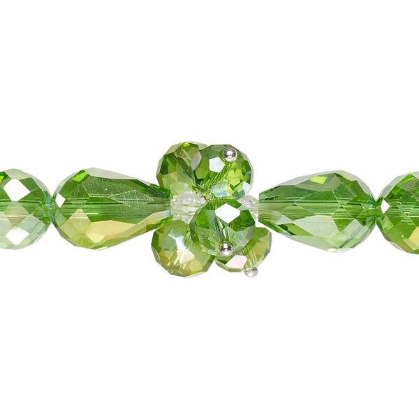Bead, glass and silver-finished brass, transparent light green and clear, 4mm faceted bicone / 8x6mm faceted rondelle / 15x10mm faceted teardrop. Sold per 8-inch strand. image number 0