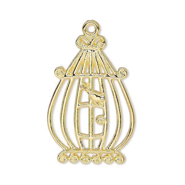 Focal, gold-finished "pewter" (zinc-based alloy), 31x21mm single-sided bird in cage. Sold per pkg of 4. image number 0