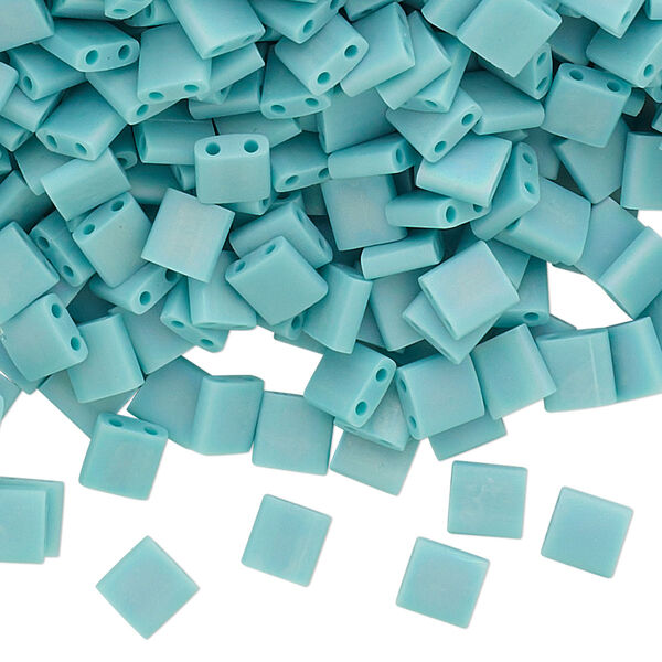 Seed bead, TILA®, glass, pkg/40g, 5mm full tila square, opaque matte rainbow mint green (TL-412FR). image number 0
